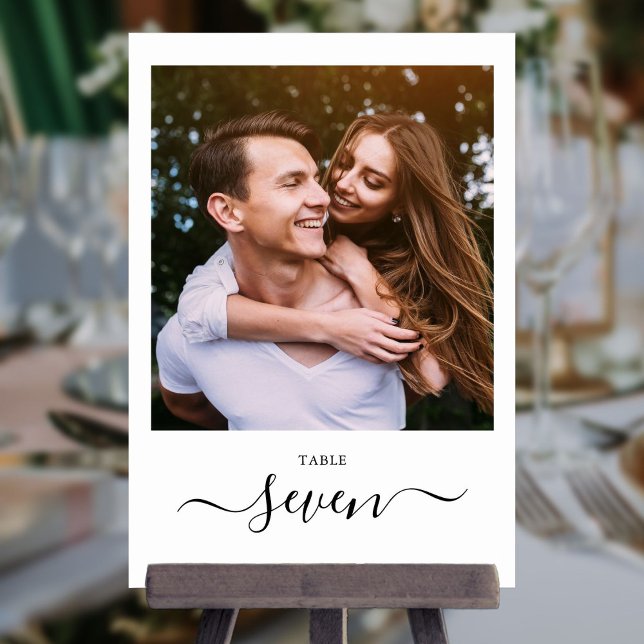 Minimalist Elegant Black Script Photo Table Number (Creator Uploaded)