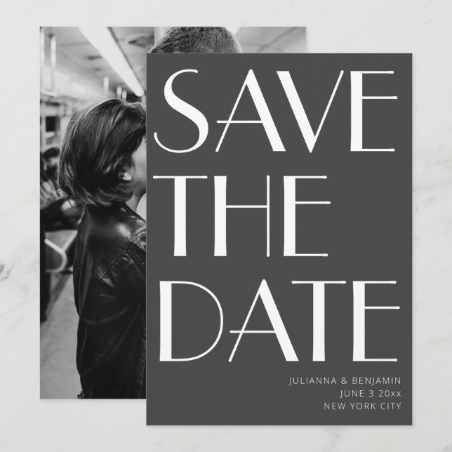 Minimalist Elegant Black White Art Deco Photo Save The Date (Front/Back)