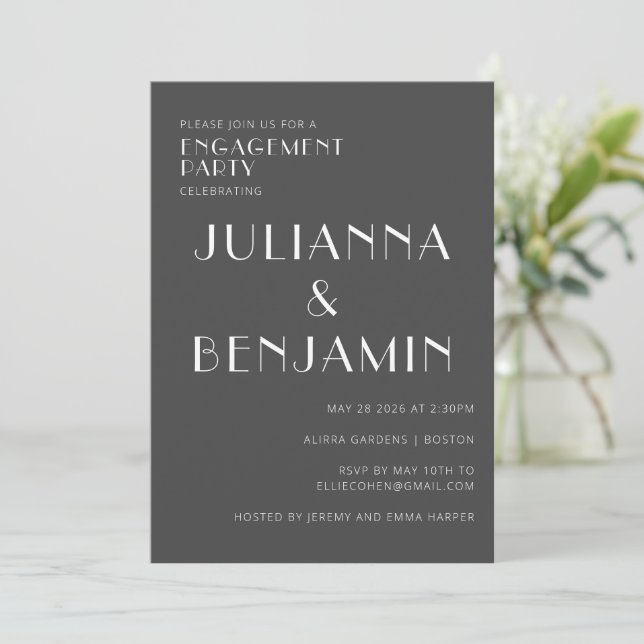 Minimalist Elegant Black White Engagement Party Invitation (Standing Front)