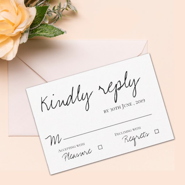 Minimalist Elegant Black & White Script Wedding RSVP Card (Elegant Script Classy Black & White Wedding RSVP Card)