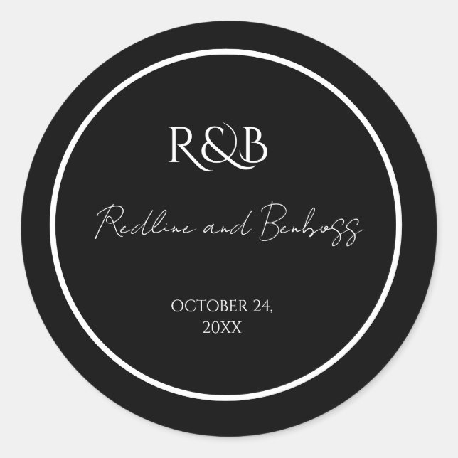Minimalist Elegant Black & White Wedding Round Sti Classic Round Sticker (Front)
