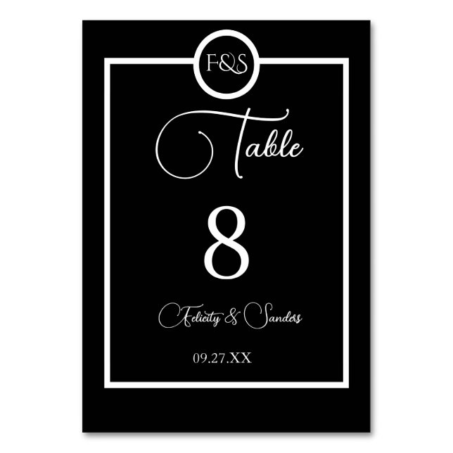 Minimalist Elegant Black & White Wedding Table Number (Front)