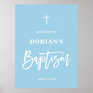 Minimalist Elegant Blue Boy Baptism Welcome Poster