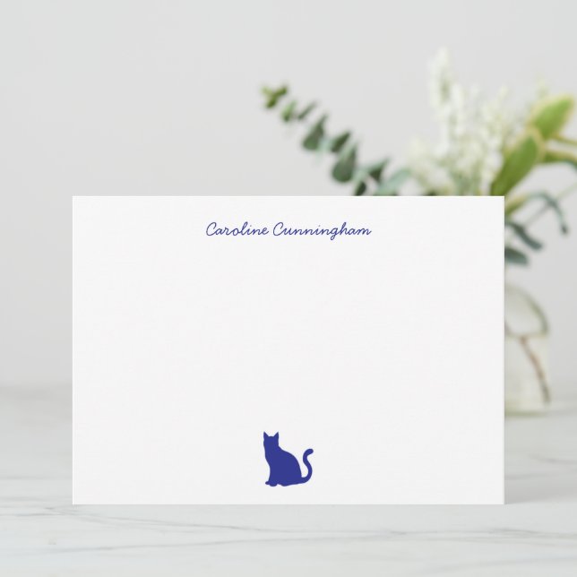 Minimalist Elegant Blue Cat Flat Note Card (Standing Front)