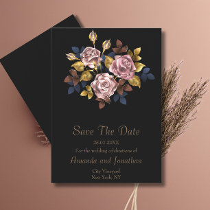 Minimalist Elegant Boho Black Gold Floral Wedding Save The Date