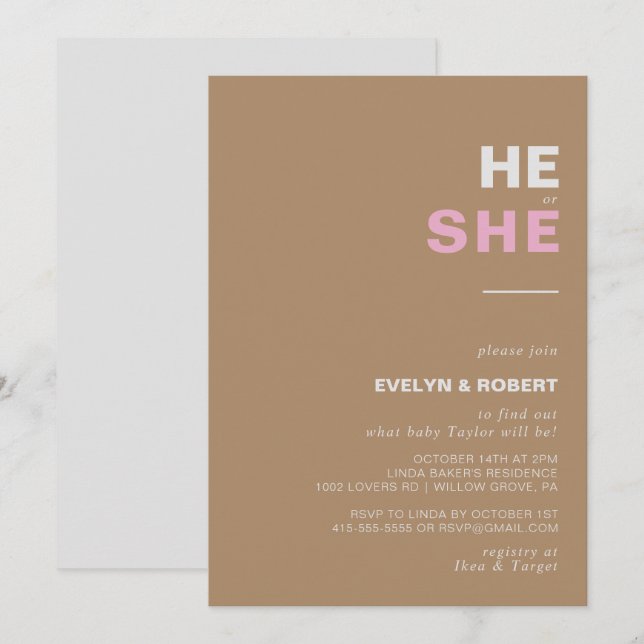 Minimalist Elegant Brown He or She Gender Reveal  Invitation (Front/Back)