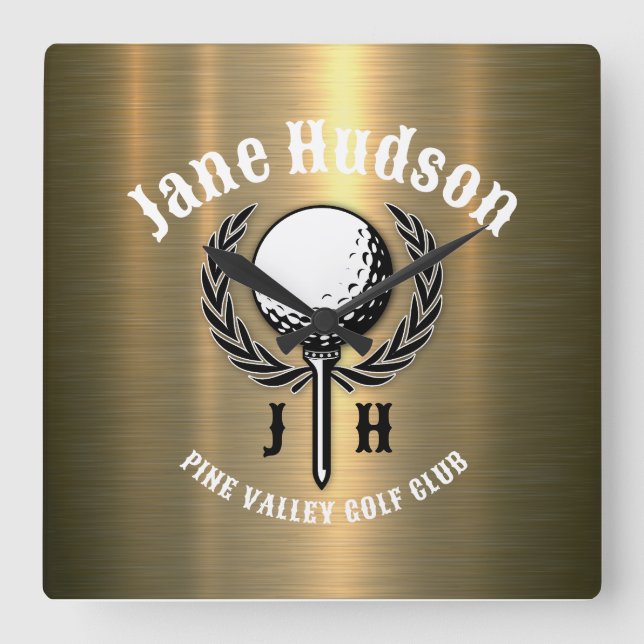 Minimalist Elegant Brushed Gold Golf Design Square Wall Clock (Front)