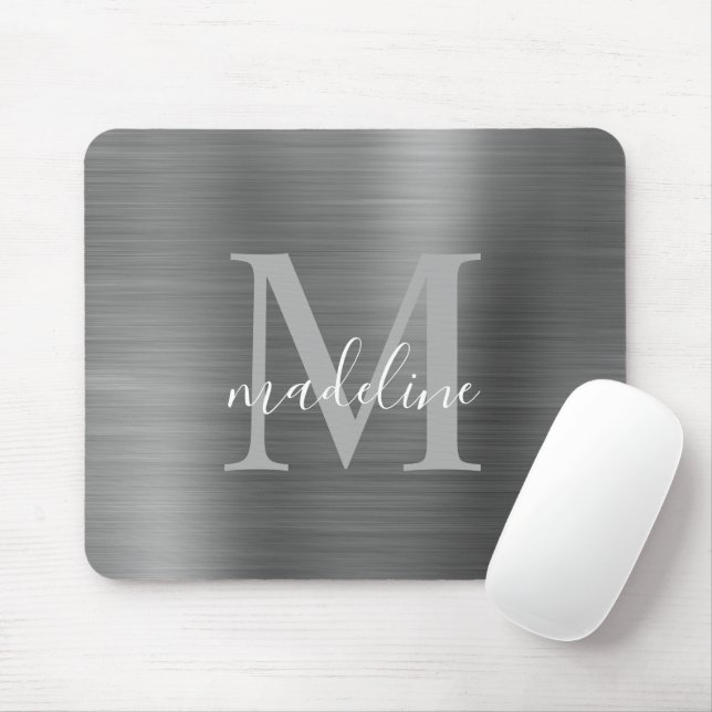 Minimalist Elegant Brushed Metal Silver Grey Mouse Pad (With Mouse)