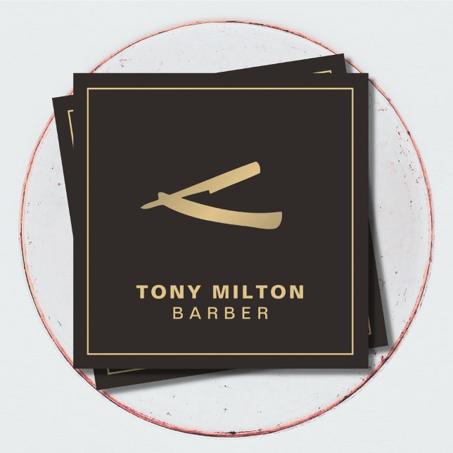 Minimalist Elegant Dark Faux Gold Razor Barber Square Business Card (Creator Uploaded)