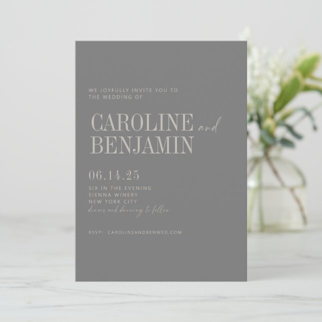 Minimalist Elegant Dark Taupe Script Wedding RSVP Invitation (Standing Front)
