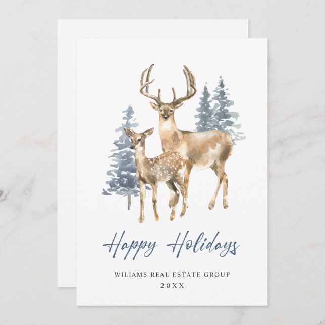 Minimalist Elegant Deer Christmas Tree Corporate Holiday Card (Front/Back)
