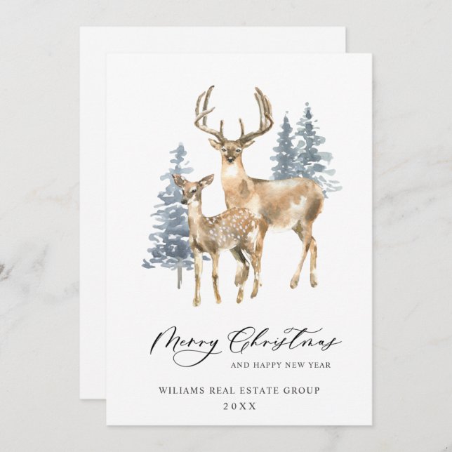 Minimalist Elegant Deer Christmas Tree Corporate Holiday Card (Front/Back)