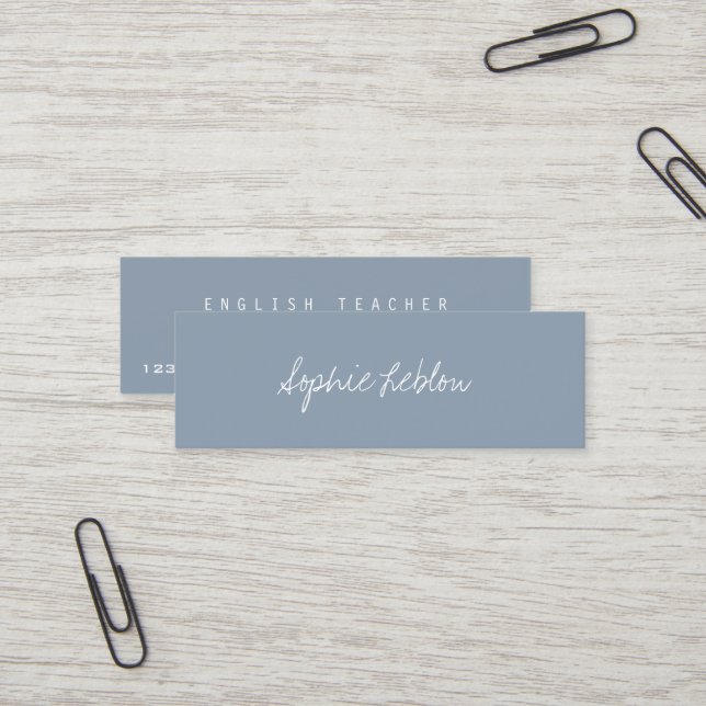 Minimalist Elegant English Teacher Dusty Blue Mini Business Card (Front/Back In Situ)