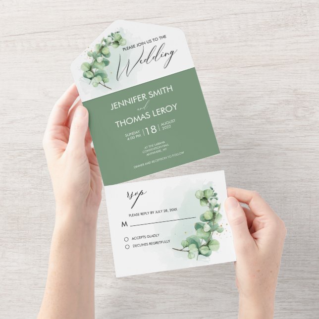 Minimalist elegant eucalyptus greenery wedding all in one invitation (Tearaway)