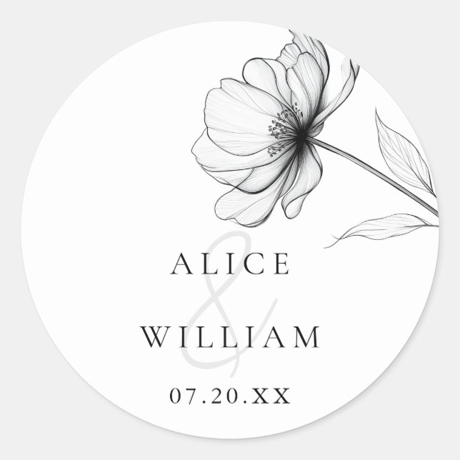 Minimalist Elegant Floral Drawing Wedding Classic Round Sticker (Front)