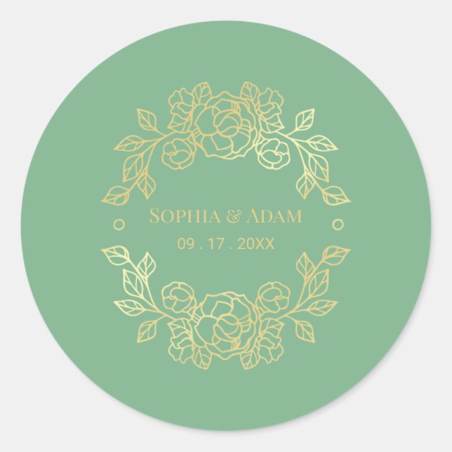 Minimalist Elegant Floral Jade Green And Golden   Classic Round Sticker (Front)