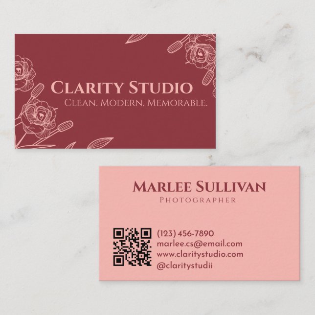 Minimalist Elegant Floral Rose Deep Red Modern Business Card (Front/Back)
