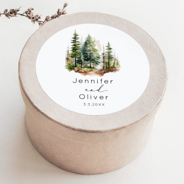 Minimalist elegant forest rustic wedding classic round sticker (Creator Uploaded)