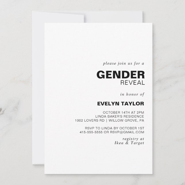 Minimalist Elegant Formal Gender Reveal   Invitation (Front)