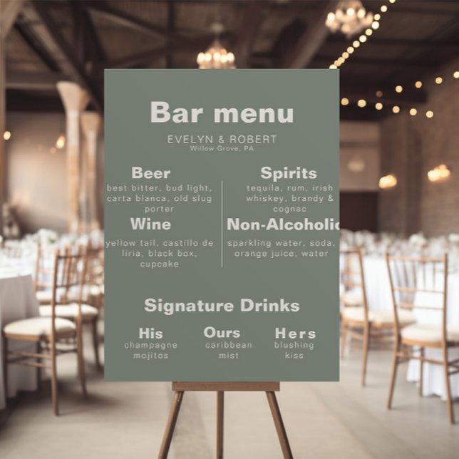 Minimalist Elegant Formal Green Wedding Bar Menu   Poster (Creator Uploaded)
