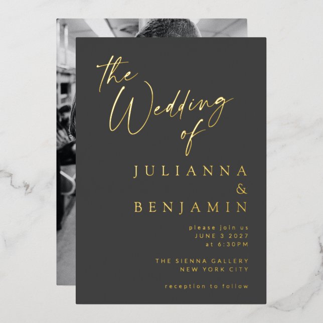Minimalist Elegant Gold Black Script Photo Wedding (Front/Back)