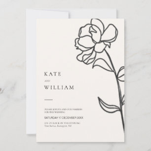 Minimalist Elegant Hand Drawn Floral Ivory Wedding Invitation