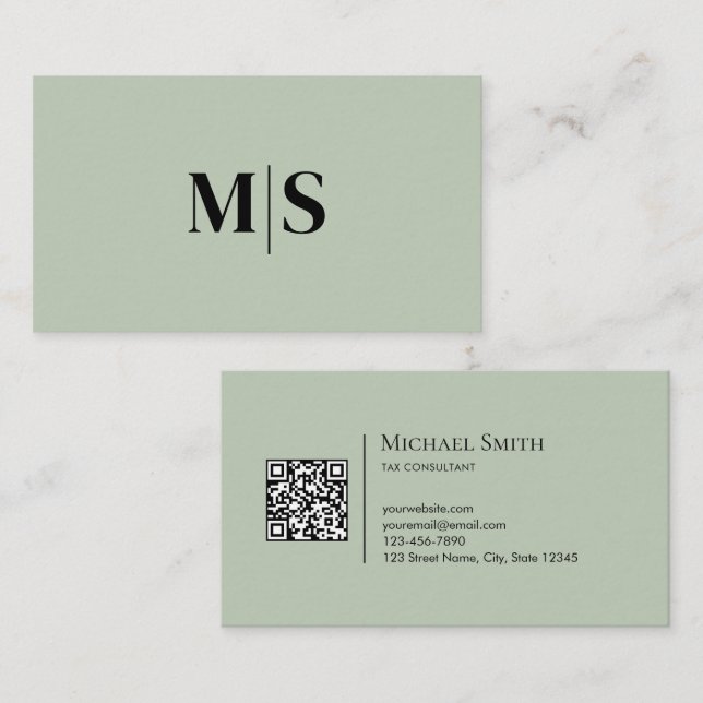 Minimalist Elegant Initials QRCode Sage Green Business Card (Front/Back)