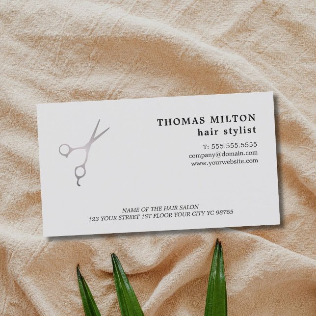 Minimalist Elegant Light Grey Scissors Hairstylist Business Card (Creator Uploaded)