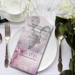 Minimalist Elegant Lilac Floral QR Code Photo All In One Invitation