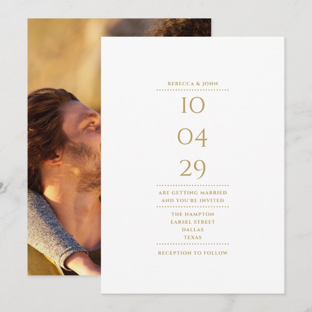 Minimalist Elegant Modern Gold Photo Wedding Date Invitation (Front/Back)