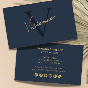 Minimalist Elegant Monogram Dark Blue Business Card