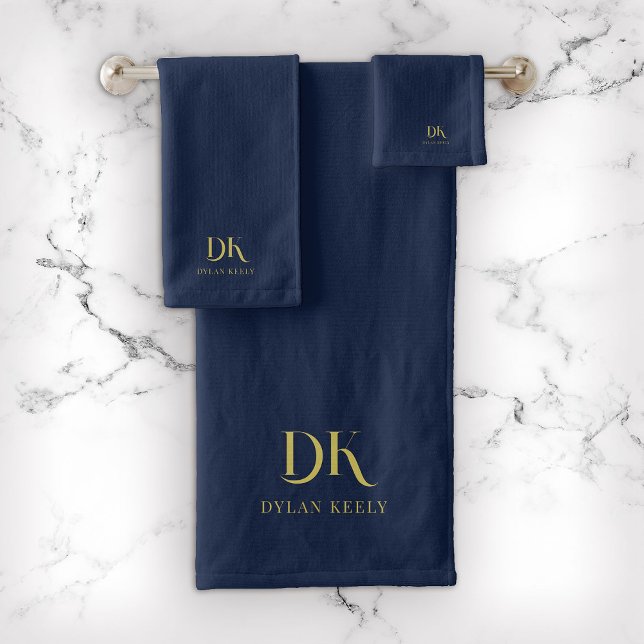 Minimalist Elegant Monogram Dark Blue Gold Stylish Bath Towel Set (Creator Uploaded)