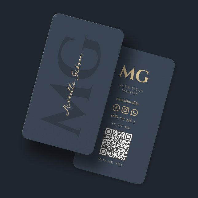 Minimalist Elegant Monogram Dark Blue QR Business Card (Minimalist Elegant Monogram Professional Name Script Dark Blue Gold QR Business Card
)
