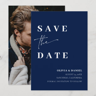Minimalist Elegant Navy Blue Photo Save the Date Invitation