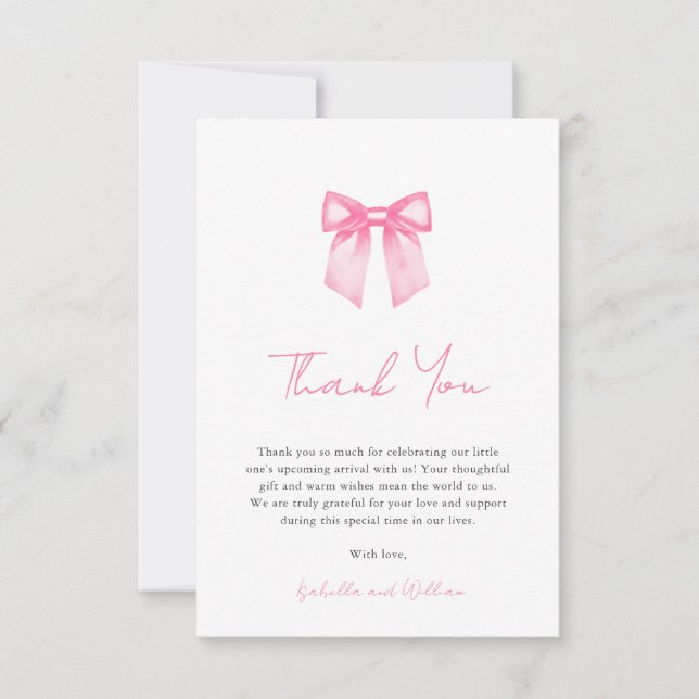 Minimalist Elegant Pink Bow Shower Thank You Card (Front)