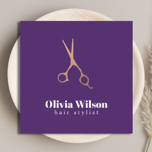 Minimalist Elegant Purple Rose Gold Scissors Hair Square Business Card