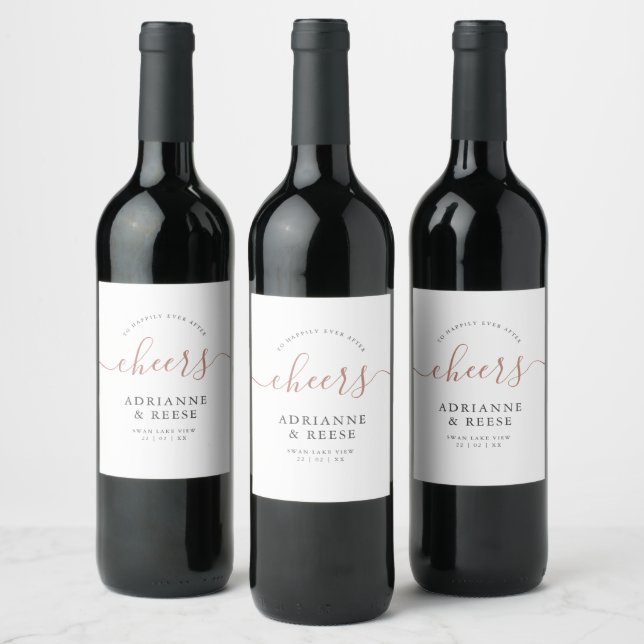 Minimalist Elegant Rose Gold & Black Wedding  Wine Label (Bottles)