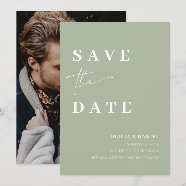 Minimalist Elegant Sage Green Photo Save the Date Invitation (Front/Back)