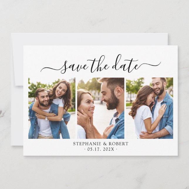Minimalist Elegant Script 3 Photo Collage Wedding Save The Date (Front)