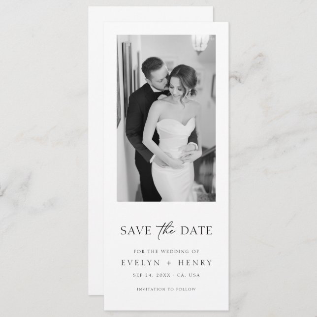 Minimalist Elegant Script Black and White Photo Save The Date (Front/Back)