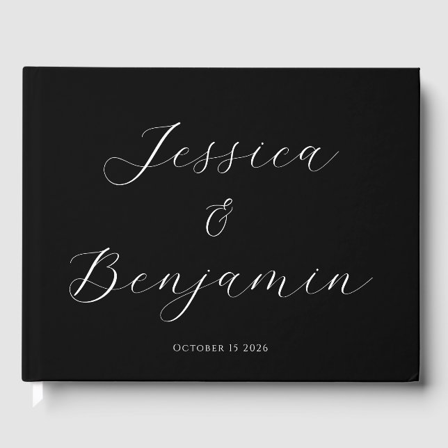 Minimalist Elegant Script Black Background Custom Guest Book (Front)