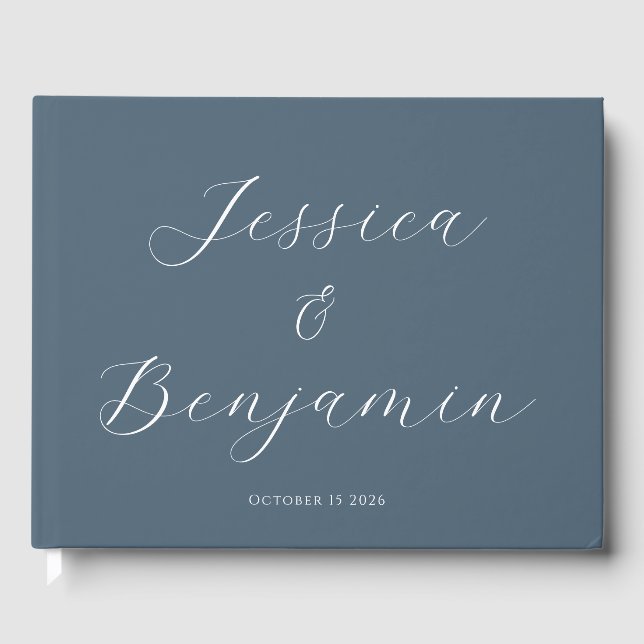 Minimalist Elegant Script Customizable Dark Blue Guest Book (Front)