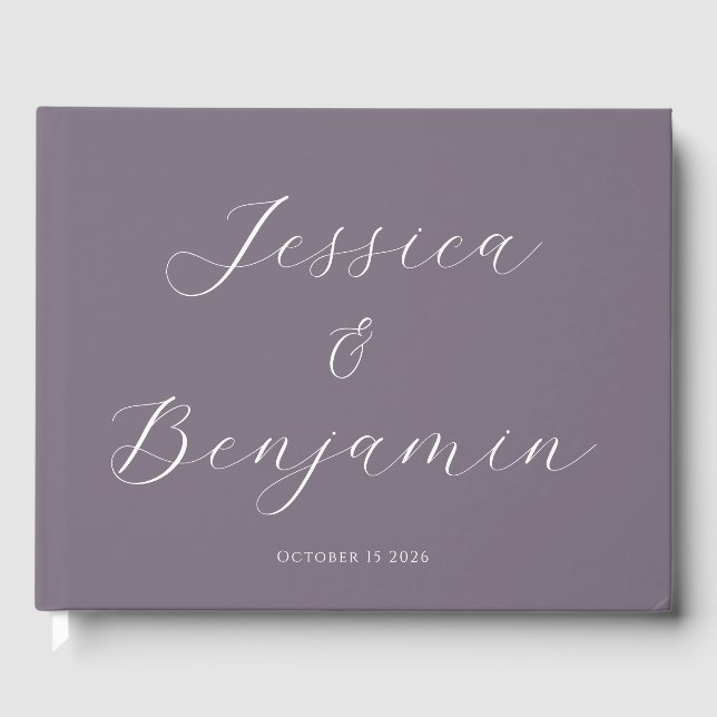 Minimalist Elegant Script Customizable Dark Purple Guest Book (Front)