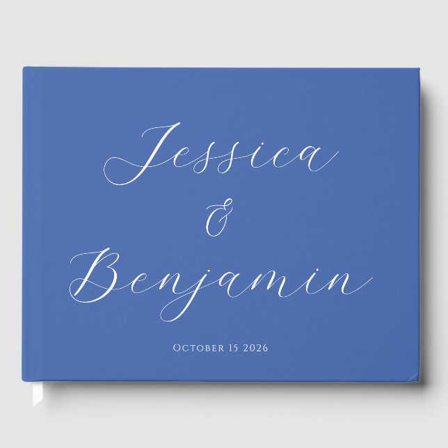 Minimalist Elegant Script Customizable French Blue Guest Book (Front)