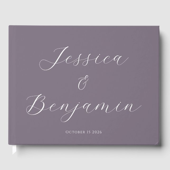 Minimalist Elegant Script Customizable Plum Purple Guest Book (Front)