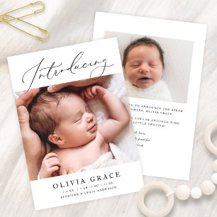 Minimalist Elegant Script Introducing Photo Birth Announcement