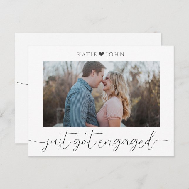 Minimalist Elegant Script Just Got Engaged Photo Announcement Postcard (Front/Back)