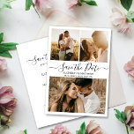 Minimalist Elegant Script Photo Collage Wedding Save The Date<br><div class="desc">Elegant modern minimal black and white calligrapgy script 3 photo collage wedding save the date announcement card. Chic minimalist design template feature three (3) couple photo collage and elegant cursive hand lettering typography (or calligraphy) script „Save the Date” text in black on white background colour. If you need help or...</div>
