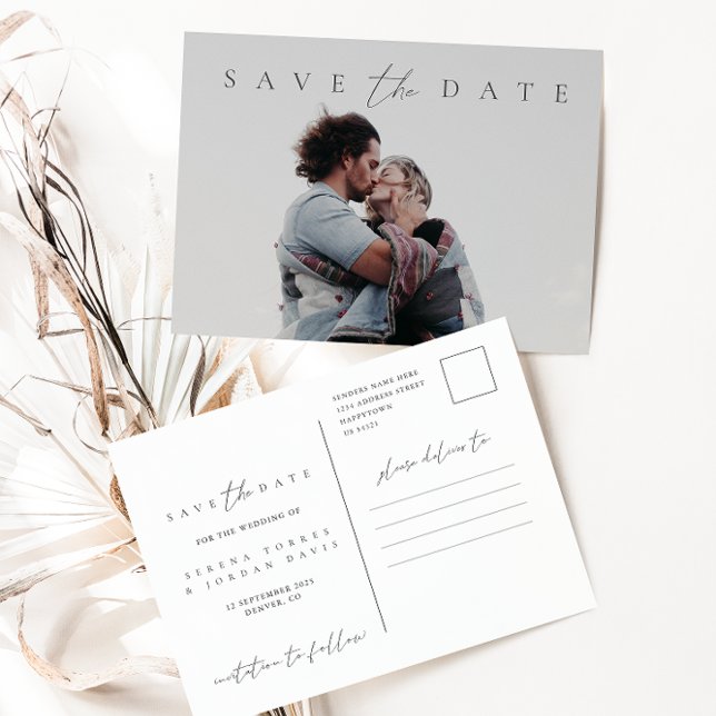 Minimalist Elegant Script Photo Save the Date Postcard (Minimalist Elegant Script Photo Save the Date Postcard)