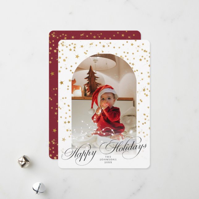 Minimalist Elegant Script Red Christmas Arch Photo Holiday Card (Front/Back In Situ)